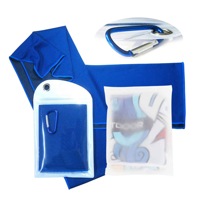 A blue cooling towel with a carabiner and a storage pouch, featuring a logo.