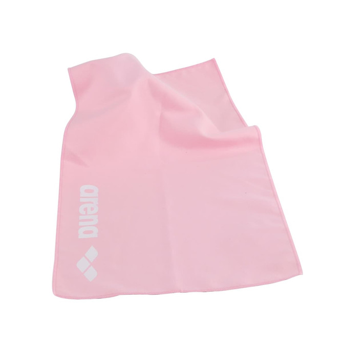 A pink quick dry towel with a logo, featuring a smooth texture and lightweight design.