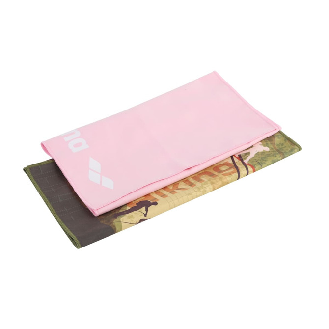 A pink quick dry towel layered over a camo-patterned towel, featuring a logo on the pink towel.