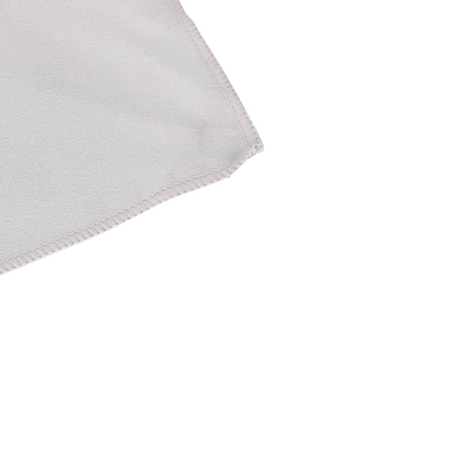 A light grey quick dry towel with stitched edges, featuring a logo. Ideal for gym and outdoor activities.