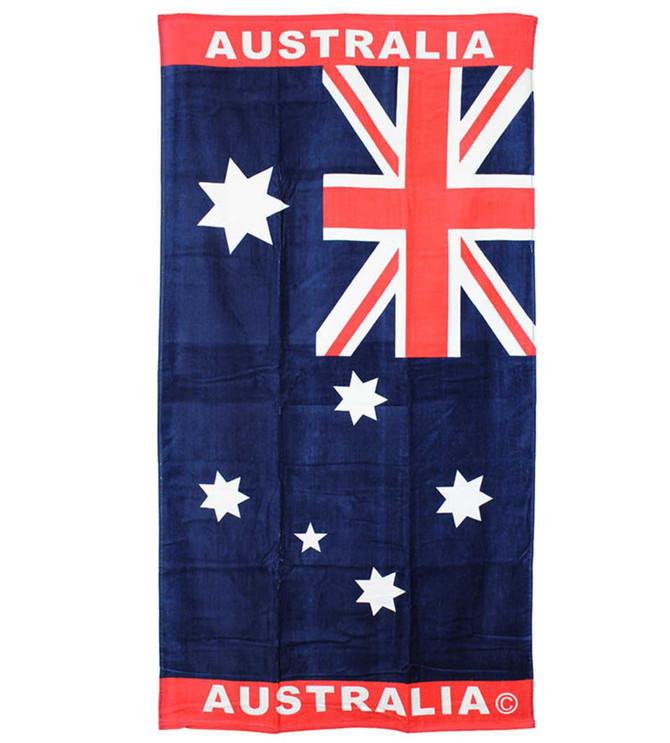 A navy blue beach towel featuring the Australian flag and stars, with a logo present.