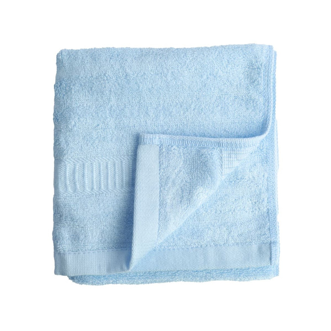 A folded, soft blue bamboo fiber towel, featuring a textured edge and a logo on one corner.