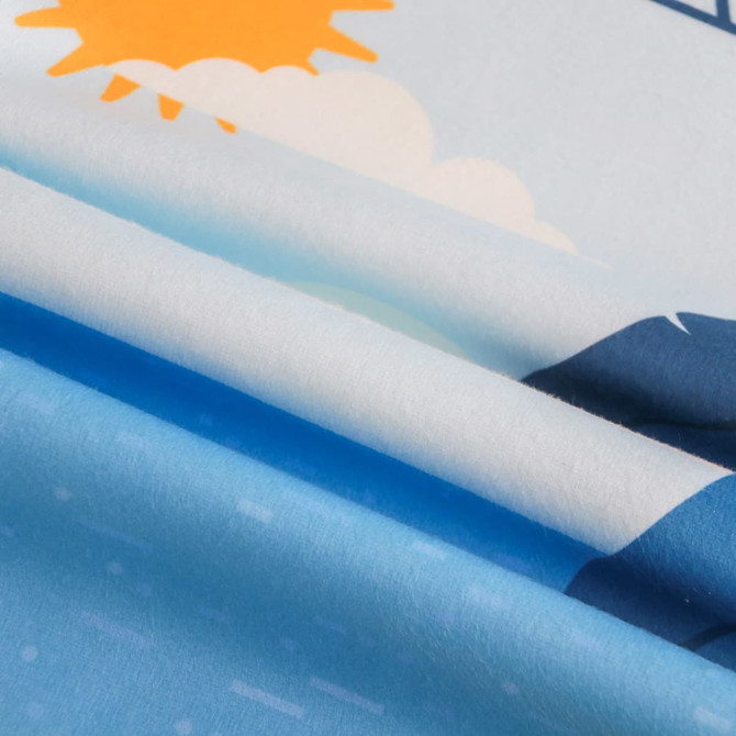 Microfibre beach towel in shades of blue with sun and cloud designs, featuring a logo. Measures 80x160cm.