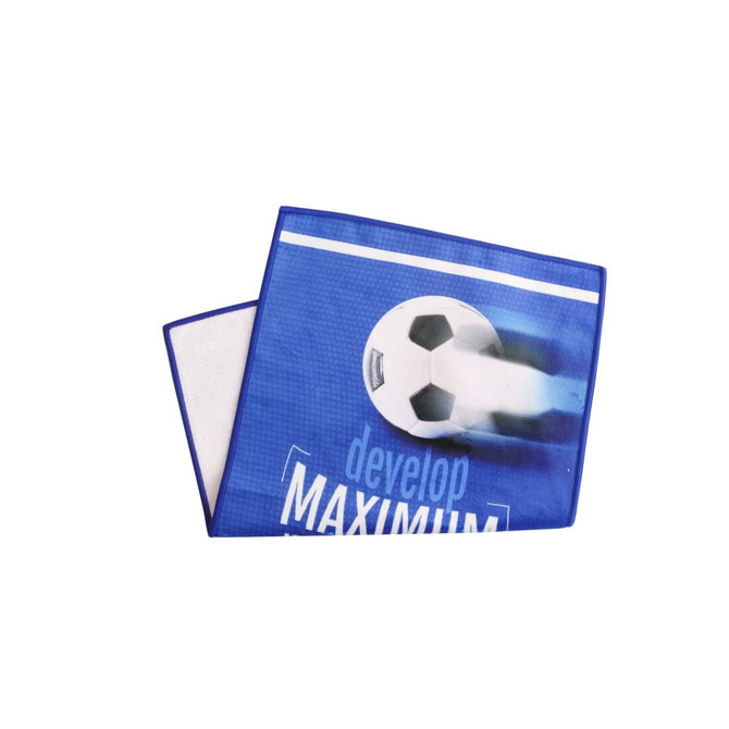 A blue sports towel featuring a football design and a logo, measuring 30x50cm.