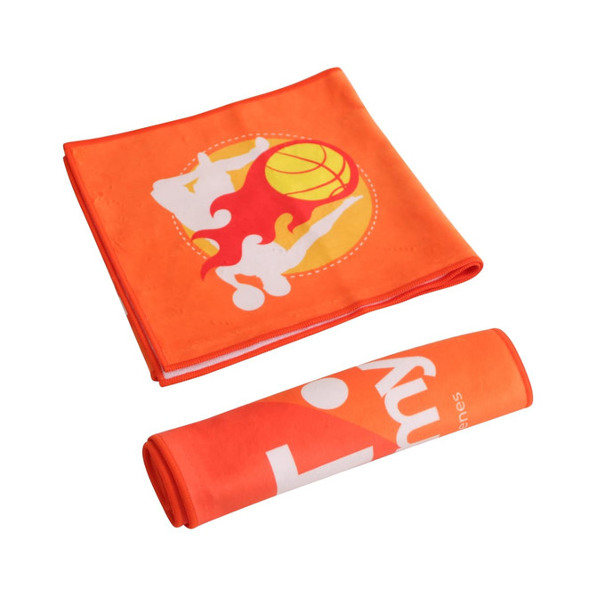 An orange sports towel featuring a basketball design, rolled and folded, with a branding logo present.