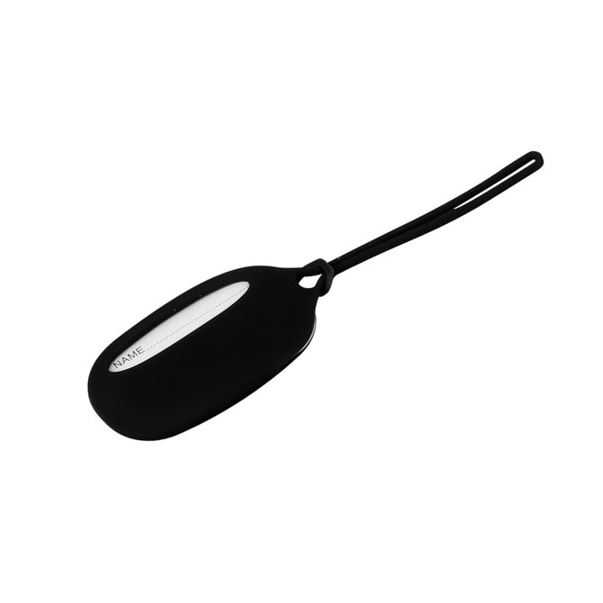 A black silicone luggage tag with a transparent window for identification and a loop for attachment.