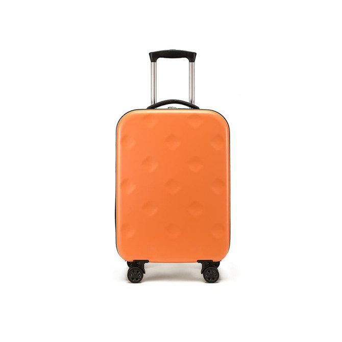 An orange collapsible suitcase with a textured surface, featuring a retractable handle and four wheels.