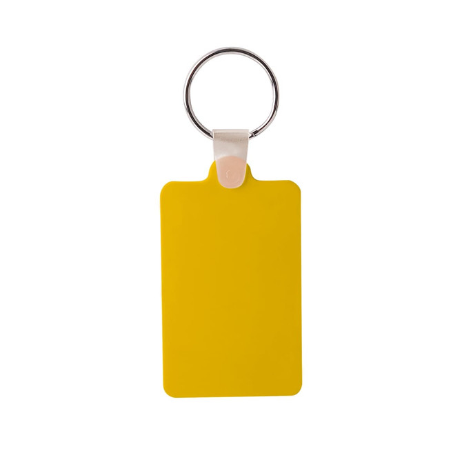A yellow rectangular keyring with a silver ring attachment. It features a smooth, matte finish.