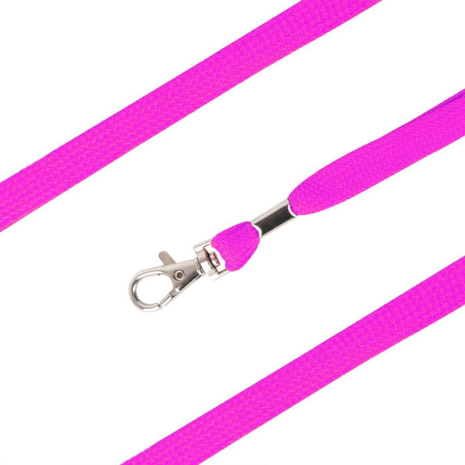A vibrant pink bootlace lanyard featuring a metal clip for attachment. It has a textured finish.