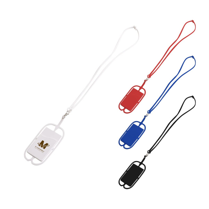 A phone holder with a silicone lanyard available in white, red, blue, and black. Includes a logo on the holder.