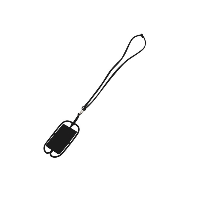 A black phone holder with a silicone lanyard, designed for secure carrying. Features a small logo.