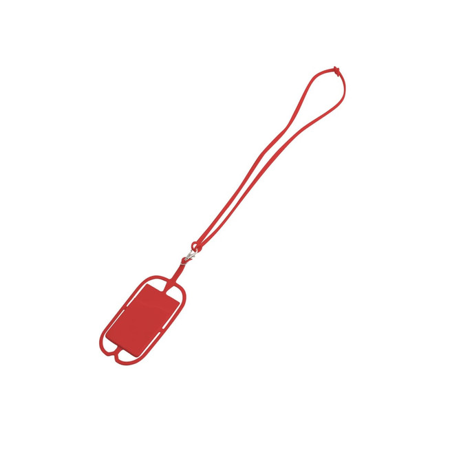 A red phone holder with a silicone lanyard, featuring a minimalist design and a logo.