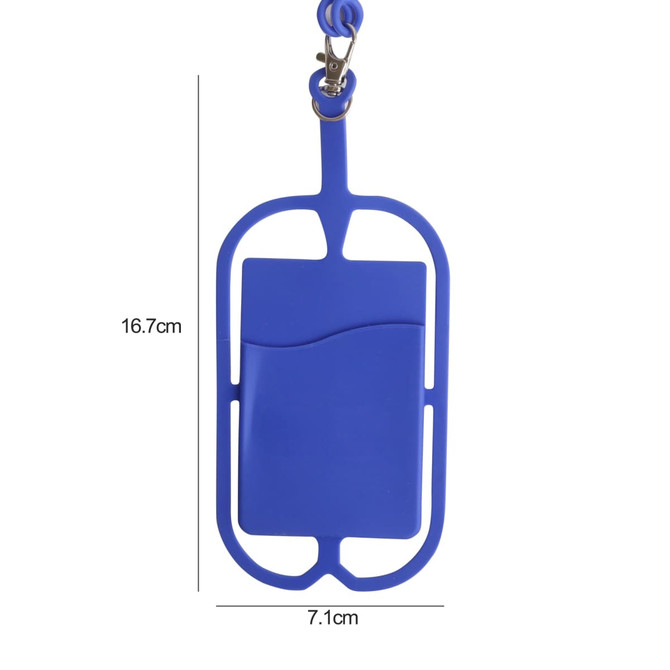 A blue phone holder with a silicone lanyard, featuring a secure attachment clip and a sleek design.