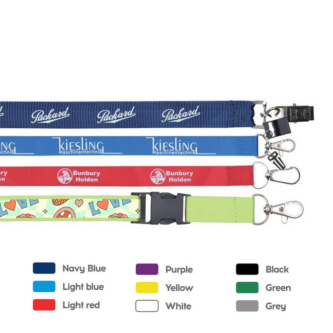 A selection of nylon lanyards in navy blue, purple, light blue, red, green, and grey, featuring various logos.