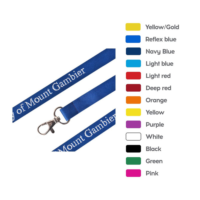 A blue woven lanyard featuring a metal clip, alongside a colour chart including yellow, orange, and red options.