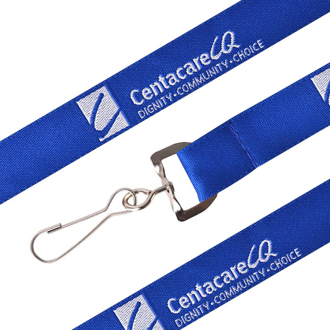 A blue woven lanyard with a silver clip and a logo.