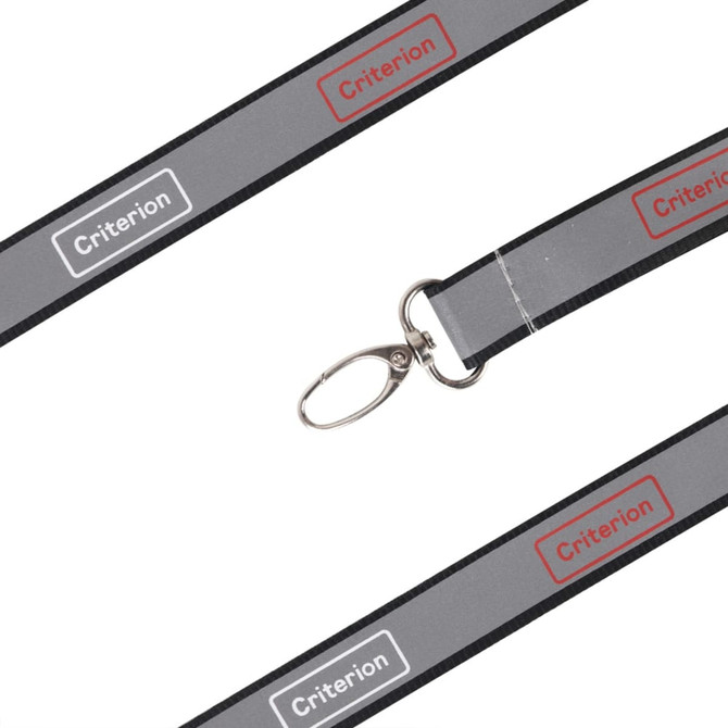 A grey safety lanyard with red and black accents, featuring a metal clip attachment and a logo.