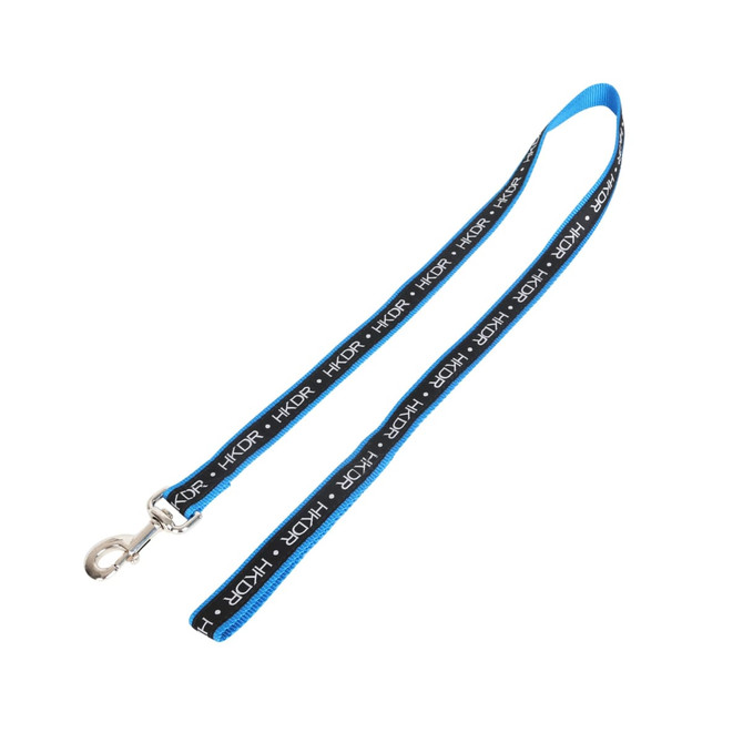 A detailed woven dog leash in blue and black with a metal clip and a branding logo.
