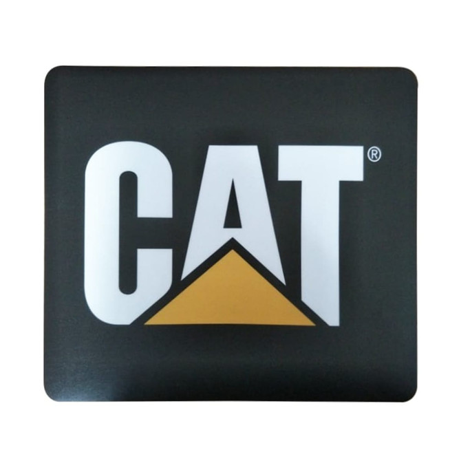 A rectangular mouse mat featuring a black background and a prominent yellow triangular logo with the letters "CAT" in white.