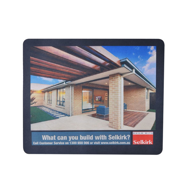 A mouse mat featuring a colourful image of a house with a covered patio and a logo in one corner.