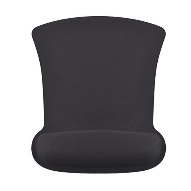 A black gel mouse pad featuring a cushioned wrist support, designed for comfort during use.