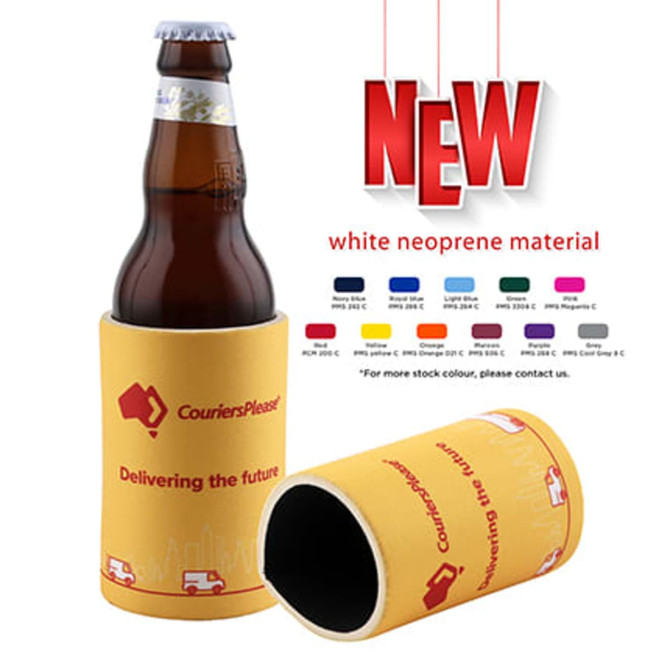 A drink bottle holder in yellow neoprene, featuring a logo and sleek cylindrical design.