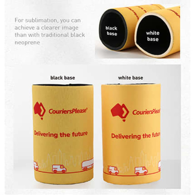 A stubby holder in yellow, featuring a black base on one side and a white base on the other, with a logo.