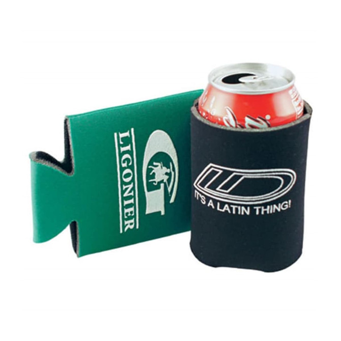 A green and black foldable stubby holder with a can of soft drink inside. It features a logo on both sides.