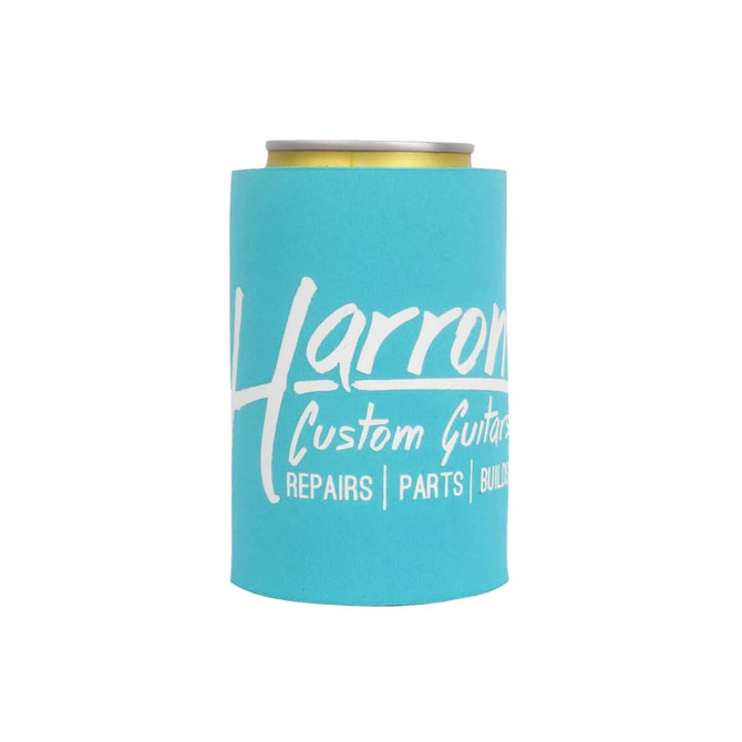 A drink bottle stubby holder in bright turquoise with a logo on the front.