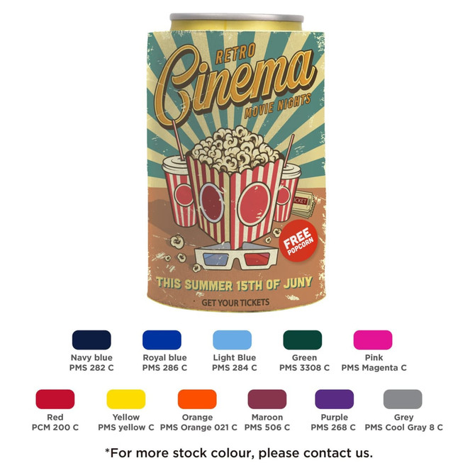 A drink bottle holder designed with a retro cinema theme, featuring popcorn graphics in red, white, and blue.