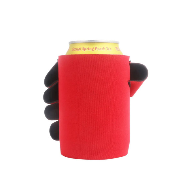 A drink bottle holder in red resembling a hand gripping a can, featuring a black glove design.