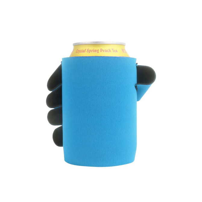 A drink bottle holder in bright blue with a black hand design, fitting a standard can. It features a logo on the side.