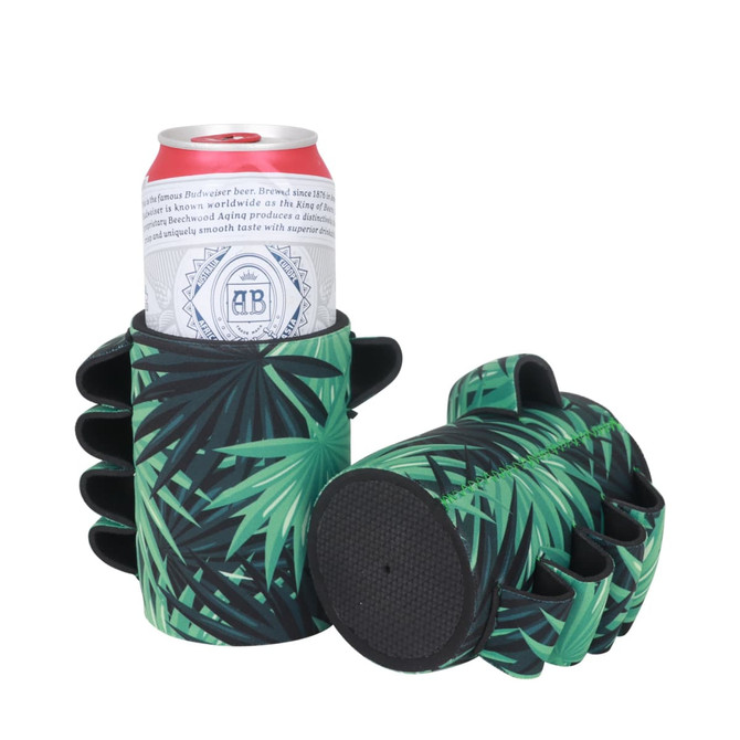 A drink bottle holder with a green tropical leaf design, featuring a knuckle buster grip and a round base.