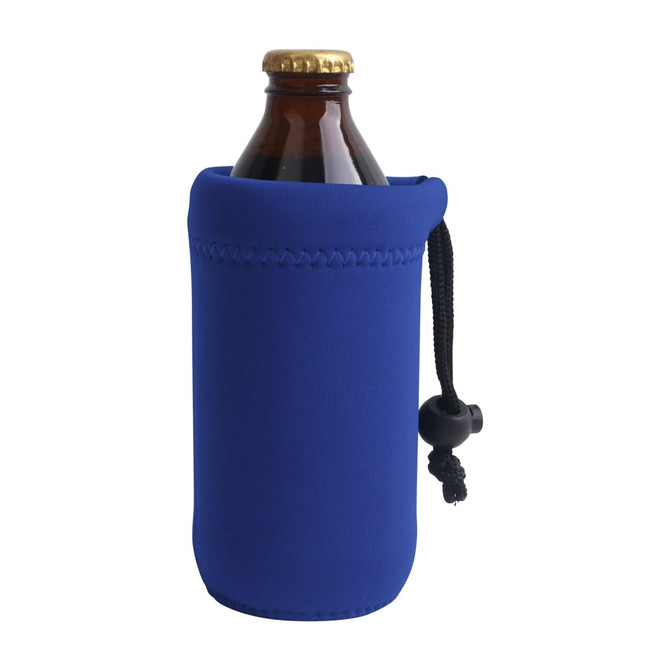 A drink bottle holder in bright blue neoprene, featuring a drawstring closure. The holder has subtle stitching and a bottle inside.
