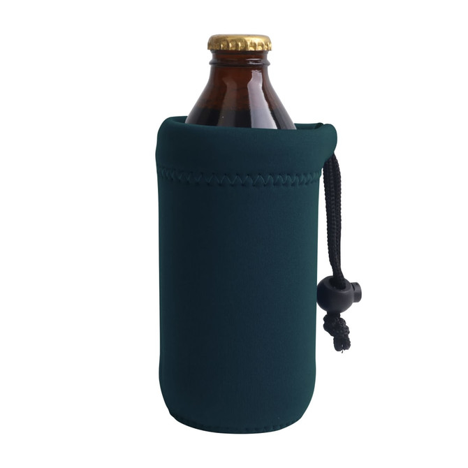 A drink bottle holder in dark green neoprene, featuring an adjustable cord for easy carrying.