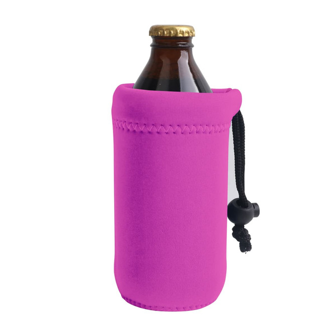 A drink bottle holder in vibrant pink, designed to fit standard bottles snugly, featuring a drawstring for easy carrying.