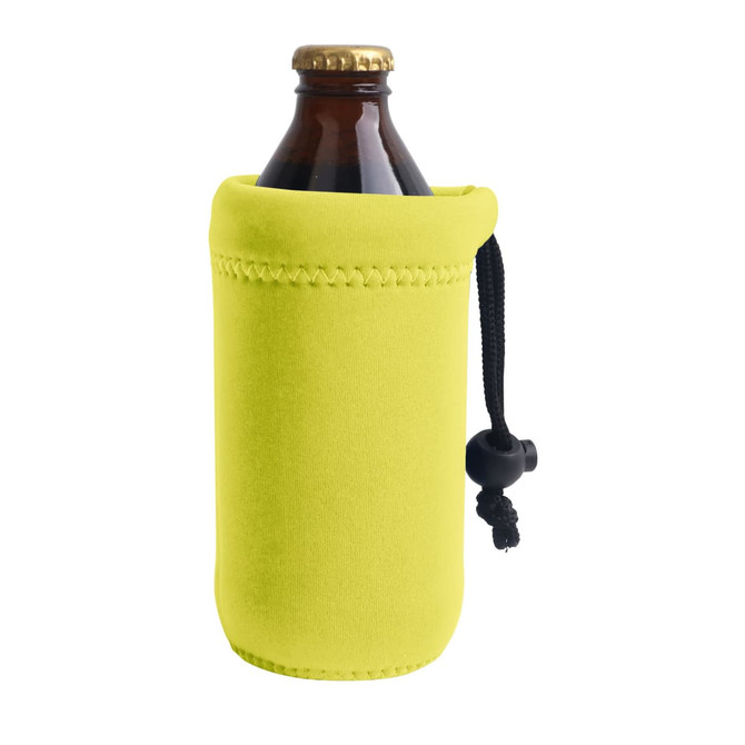 A drink bottle holder in bright yellow, featuring a secure fit and drawstring closure. It has a logo on the side.