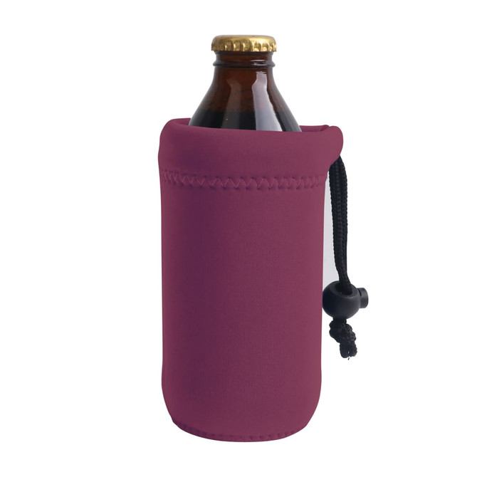 A drink bottle holder in a deep burgundy colour with a drawstring closure and a logo.