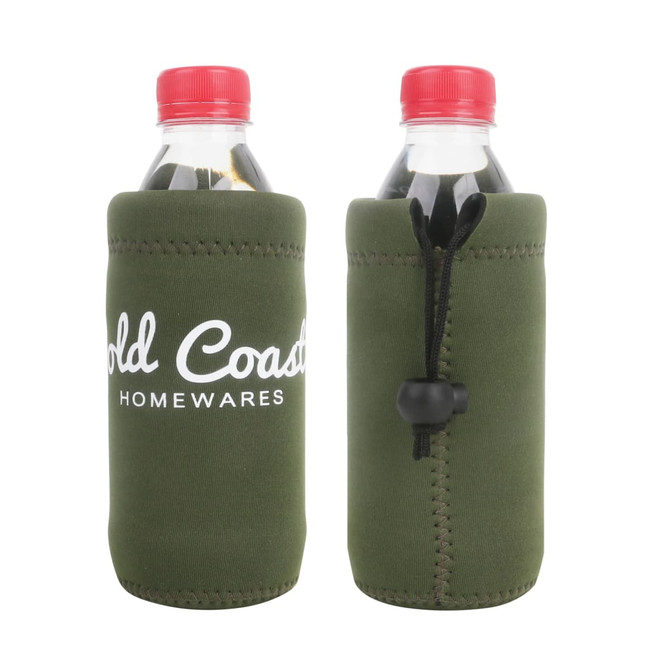 A drink bottle holder in olive green with a logo and a secure toggle for adjustable fit.