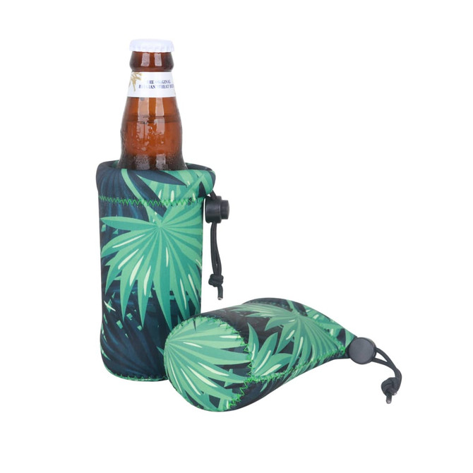 A drink bottle holder in green with a tropical leaf design, featuring a drawstring closure. It has a logo on the side.