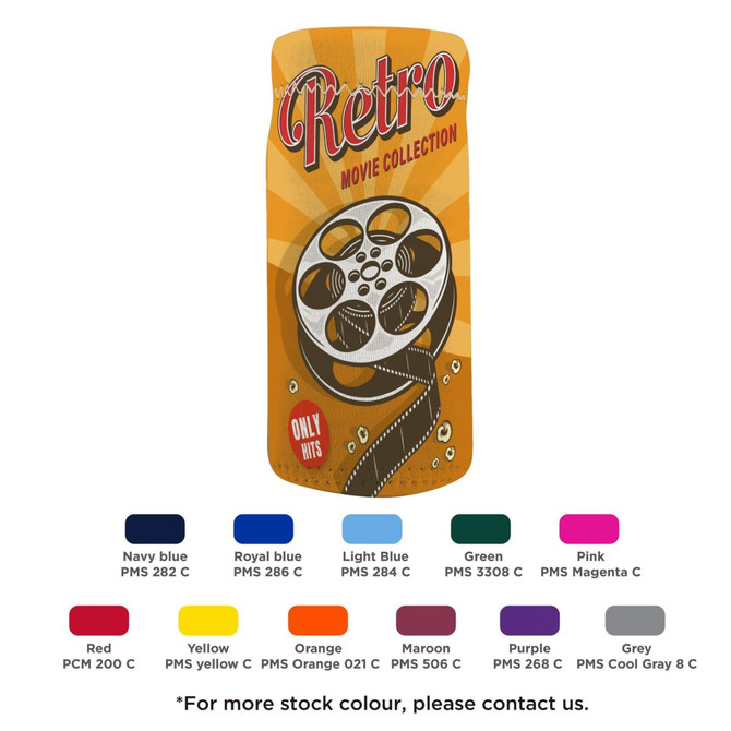 A drink bottle holder with a retro film reel design, featuring colours like orange, navy blue, and purple. It has a logo.