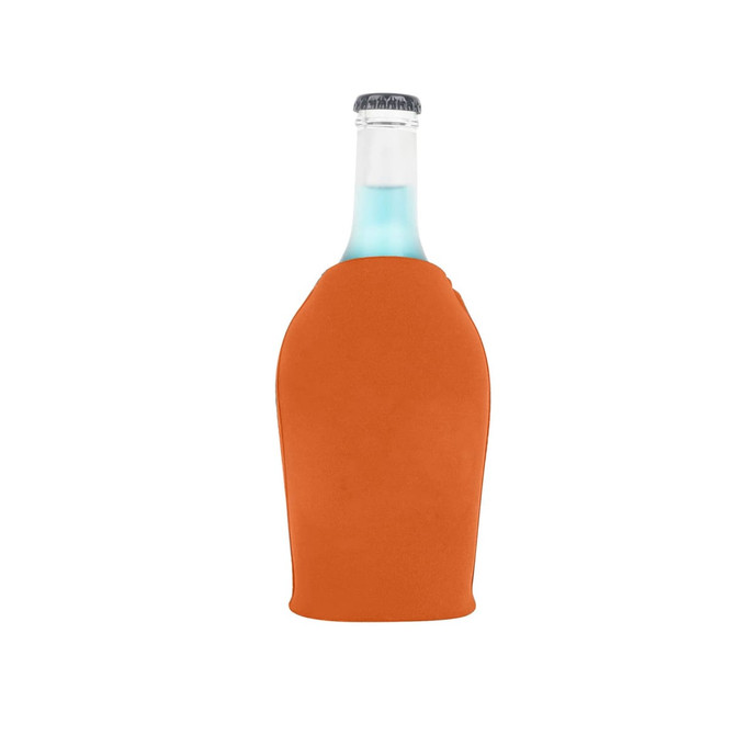 A drink bottle covered in an orange cooler with a zipper, featuring a clear bottle interior and capped top.