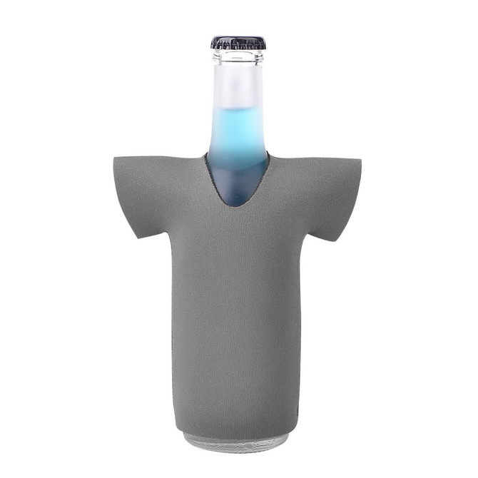 A drink bottle covered with a grey jersey-style cooler, featuring a logo. The bottle has a blue liquid inside.