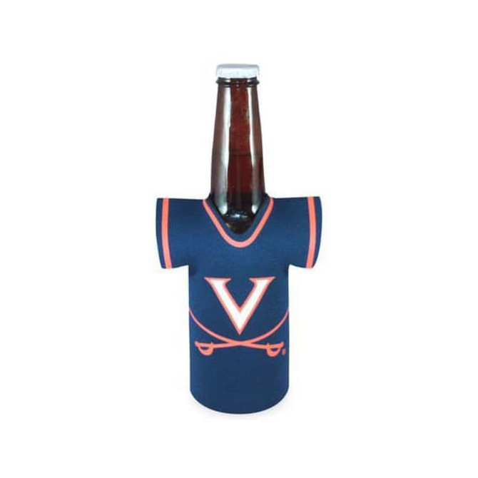 A drink bottle wrapped in a navy blue cooler designed like a jersey, featuring a logo on the front.