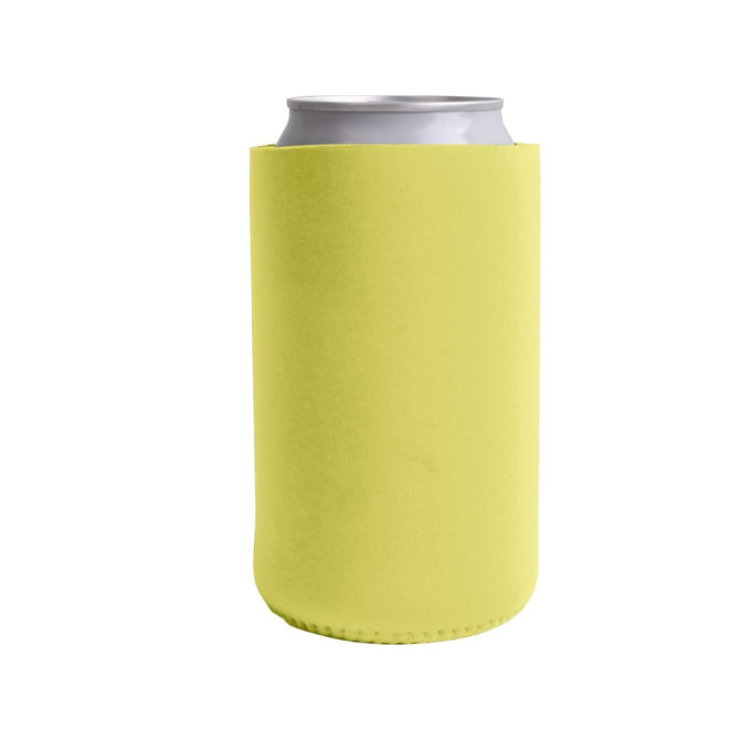 A drink bottle holder in bright green, designed to fit a standard size can, with a logo on the surface.