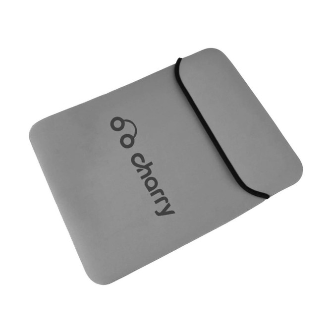 A grey laptop bag with a black elastic closure and a logo on the front.