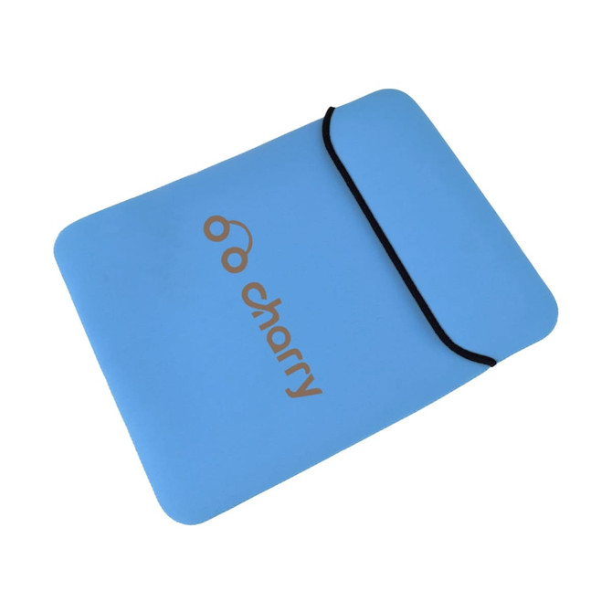 A blue tablet PC bag with a black elastic closure, featuring a logo on the front.