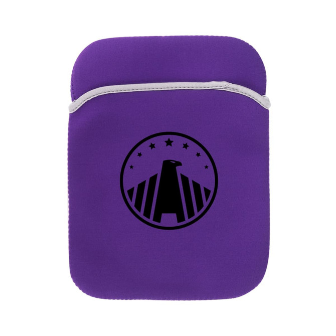 A purple tablet PC bag featuring a logo on the front and a zip closure at the top.