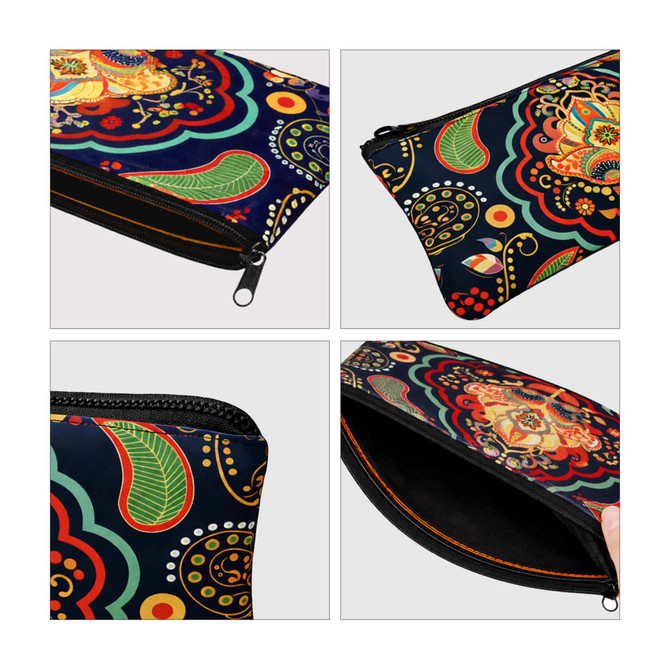 A colourful neoprene pencil case with a floral design, featuring a zip closure and a black interior.