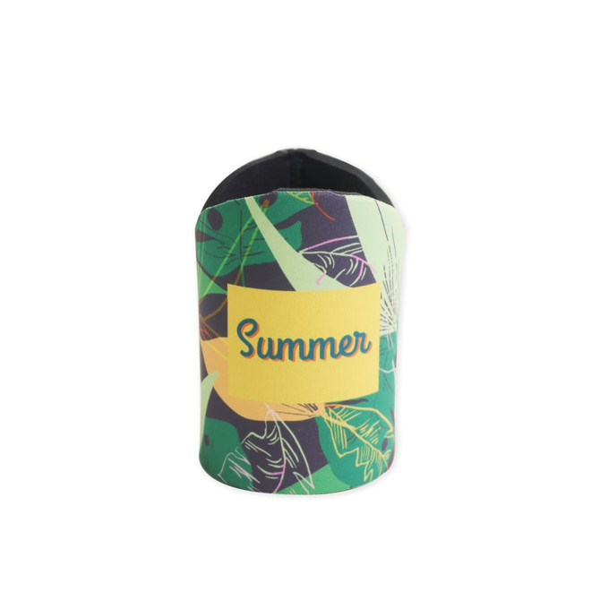 A drink bottle holder featuring a tropical design with green and yellow colours, and a logo.